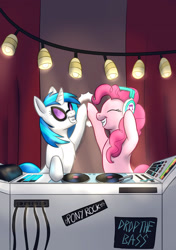 Size: 2054x2920 | Tagged: safe, artist:foxhatart, imported from derpibooru, dj pon-3, pinkie pie, vinyl scratch, earth pony, pony, unicorn, dj booth, duo, headphones, high five, hoofbump, smiling, turntable