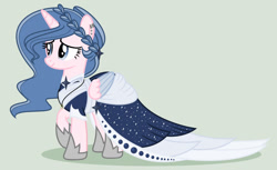 Size: 1280x781 | Tagged: safe, artist:lominicinfinity, imported from derpibooru, oc, oc only, oc:sparkdust knight, alicorn, pony, clothes, dress, female, mare, simple background, solo, two toned wings, wings