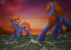 Size: 3341x2361 | Tagged: safe, artist:alicetriestodraw, imported from derpibooru, oc, oc only, oc:prince baltic, oc:princess pomerania, earth pony, pony, fun, laughing, siblings, tribrony, water