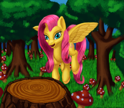 Size: 1280x1112 | Tagged: safe, artist:n64wolf, imported from derpibooru, fluttershy, pegasus, pony, cute, female, forest, mare, mushroom, shyabetes, solo, tree, tree stump