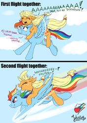 Size: 2894x4093 | Tagged: safe, artist:julunis14, imported from derpibooru, applejack, rainbow dash, earth pony, pegasus, pony, 2 panel comic, appledash, applejack riding rainbow dash, chest fluff, choking, comic, cute, derp, female, flight, floppy ears, flying, lesbian, ponies riding ponies, riding, shipping