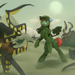 Size: 1500x1500 | Tagged: safe, artist:nika-rain, imported from derpibooru, oc, oc only, beetle, earth pony, insect, pony, armor, dust, gun, sketch, solo, starship troopers, war, weapon
