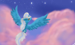 Size: 1280x768 | Tagged: safe, artist:frost-strike, imported from derpibooru, oc, oc:fleurbelle, alicorn, alicorn oc, female, flying, half moon, horn, mare, night, pink cloud, sky, stars, wings, yellow eyes