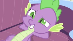Size: 1266x720 | Tagged: safe, imported from derpibooru, screencap, spike, dragon, equestria games (episode), season 4, arm behind head, couch, male, solo