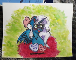 Size: 1280x1008 | Tagged: safe, artist:shaddndraw, imported from derpibooru, oc, oc:fleurbelle, alicorn, alicorn oc, blushing, bow, candy hearts, female, hair bow, heart, hearts and hooves day, horn, mare, traditional art, watercolor painting, wings, yellow eyes