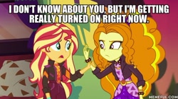 Size: 600x337 | Tagged: safe, edit, edited screencap, imported from derpibooru, screencap, adagio dazzle, sunset shimmer, equestria girls, equestria girls series, sunset's backstage pass!, spoiler:eqg series (season 2), caption, geode of empathy, image macro, implied lesbian, implied shipping, implied sunsagio, magical geodes, memeful.com, text