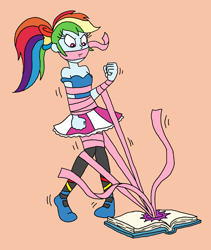 Size: 1404x1667 | Tagged: safe, artist:bugssonicx, imported from derpibooru, rainbow dash, equestria girls, ballerina, bondage, book, dashsub, female, femsub, gag, ponytail, rainbond dash, ribbon, submissive