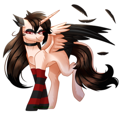 Size: 2100x2000 | Tagged: safe, artist:greenmaneheart, imported from derpibooru, oc, oc only, oc:valeria-chan, alicorn, pony, clothes, feather, female, mare, ponysona, simple background, socks, solo, striped socks, transparent background, two toned wings, wings