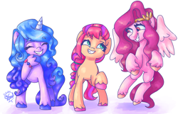 Size: 2950x1900 | Tagged: safe, artist:mannybcadavera, imported from derpibooru, izzy moonbow, pipp petals, sunny starscout, earth pony, pegasus, pony, unicorn, bracelet, braid, eyes closed, female, g5, jewelry, looking at each other, mare, pipp, raised hoof, signature, simple background, smiling, spread wings, trio, unshorn fetlocks, white background, wings