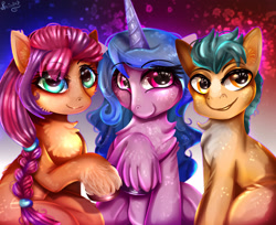 Size: 1600x1304 | Tagged: safe, artist:rocioam7, imported from derpibooru, hitch trailblazer, izzy moonbow, sunny starscout, earth pony, pony, unicorn, abstract background, braid, cheek fluff, chest fluff, ear fluff, eyelashes, female, g5, looking at you, male, mare, raised hoof, signature, sitting, smiling, stallion, unshorn fetlocks