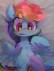 Size: 1727x2287 | Tagged: safe, artist:lexiedraw, imported from derpibooru, rainbow dash, twilight sparkle, pegasus, pony, belly, belly button, bellyrubs, blushing, chest fluff, female, hooves, lesbian, shipping, solo, solo focus, twidash