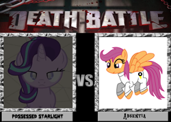 Size: 900x641 | Tagged: safe, artist:pagiepoppie12345, imported from derpibooru, scootaloo, starlight glimmer, oc, oc:absentia, pegasus, unicorn, fanfic:pegasus device, fanfic:rainbow factory, death battle, exploitable meme, factory uniform, fanfic art, fight, glowing eyes, meme, older, older scootaloo, pegasus device, possessed, white suit