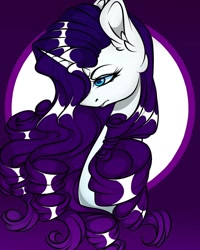 Size: 1080x1350 | Tagged: safe, artist:tessa_key_, imported from derpibooru, rarity, pony, unicorn, abstract background, bedroom eyes, bust, ear fluff, eyelashes, female, frown, horn, mare, solo