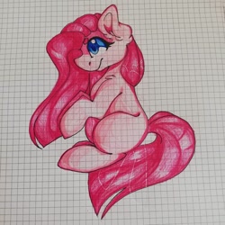 Size: 1080x1080 | Tagged: safe, artist:tessa_key_, imported from derpibooru, pinkie pie, earth pony, pony, ear fluff, female, graph paper, mare, pinkamena diane pie, sitting, smiling, solo, traditional art