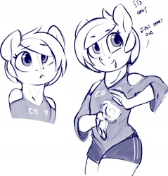 Size: 1796x1881 | Tagged: safe, artist:dimfann, imported from derpibooru, oc, oc only, anthro, earth pony, clothes, dialogue, magic, shirt, shorts, sketch, smiling, solo
