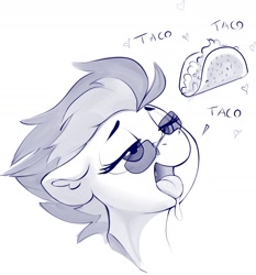 Size: 1636x1757 | Tagged: safe, artist:dimfann, imported from derpibooru, spitfire, pegasus, pony, bust, drool, female, floppy ears, food, heart, lidded eyes, mare, monochrome, open mouth, sketch, solo, sunglasses, taco, three quarter view, tongue out