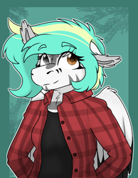 Size: 1152x1488 | Tagged: safe, artist:rokosmith26, imported from derpibooru, oc, oc only, oc:rokosmith, anthro, buttons, clothes, female, flannel, floppy ears, heterochromia, looking up, markings, simple background, smiling, solo, standing, wings