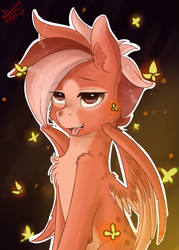 Size: 1075x1501 | Tagged: safe, artist:yuris, imported from derpibooru, oc, oc only, oc:adam hurricane, butterfly, firefly (insect), insect, pegasus, pony, abstract background, cheek fluff, chest fluff, ear fluff, excited, language, pegasus oc, smiling, solo, tongue out