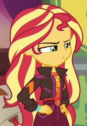 Size: 661x959 | Tagged: safe, imported from derpibooru, screencap, sunset shimmer, equestria girls, equestria girls series, sunset's backstage pass!, spoiler:eqg series (season 2), cropped, female, geode of empathy, magical geodes, music festival outfit, solo, sunset shimmer is not amused, unamused