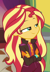 Size: 660x955 | Tagged: safe, imported from derpibooru, screencap, sunset shimmer, equestria girls, equestria girls series, sunset's backstage pass!, spoiler:eqg series (season 2), cropped, smugset shimmer, solo
