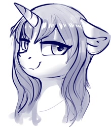 Size: 1062x1212 | Tagged: safe, artist:dimfann, imported from derpibooru, oc, oc only, oc:sylvine, pony, unicorn, lidded eyes, looking at you, sketch, smiling, solo