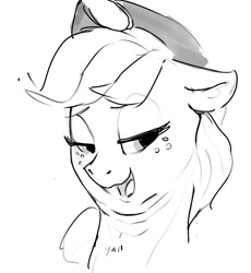 Size: 823x896 | Tagged: safe, artist:dimfann, imported from derpibooru, applejack, earth pony, pony, dialogue, lidded eyes, looking at you, open mouth, sketch, smiling, solo, triple chin, y'all