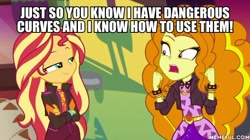 Size: 600x337 | Tagged: safe, edit, edited screencap, imported from derpibooru, screencap, adagio dazzle, sunset shimmer, equestria girls, equestria girls series, sunset's backstage pass!, spoiler:eqg series (season 2), caption, image macro, memeful.com, text