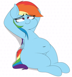 Size: 3264x3500 | Tagged: safe, artist:blitzyflair, imported from derpibooru, imported from ponybooru, rainbow dash, pegasus, pony, :t, arm behind head, armpits, belly button, chubby, chubby dash, female, lidded eyes, mare, missing cutie mark, plump, relaxing, sitting, smiling, solo, wide hips