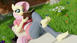 Size: 3840x2160 | Tagged: safe, artist:shadowboltsfm, imported from derpibooru, fluttershy, anthro, butterfly, plantigrade anthro, 3d, 4k, barefoot, blender, book, crossed legs, cute, eyelashes, feet, nail polish, nature, not sfm, reading, sitting, smiling, soles, solo, toenail polish, toes, wiggling toes