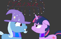 Size: 930x600 | Tagged: safe, artist:dutch-brony, imported from derpibooru, trixie, twilight sparkle, pony, unicorn, clothes, fireworks, gray background, looking at each other, scarf, simple background