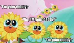 Size: 870x505 | Tagged: safe, edit, edited screencap, imported from derpibooru, screencap, do princesses dream of magic sheep, season 5, caption, flower, goosebumps, image macro, nightmare sunflower, stay out of the basement, sunflower, text