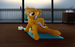 Size: 4000x2500 | Tagged: safe, artist:potato22, imported from derpibooru, oc, oc only, oc:mareota, pegasus, pony, alarm clock, butt, clock, cup, dock, food, looking at you, looking back, plot, smiling, solo, stretching, tea, teacup, underhoof, window