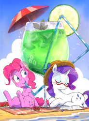 Size: 1044x1420 | Tagged: safe, artist:fuyugi, artist:nendo, imported from derpibooru, pinkie pie, rarity, earth pony, pony, unicorn, beach, book, cupcake, drink, drinking straw, duo, food, glasses, hat, straw, watermelon