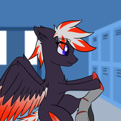 Size: 1280x1280 | Tagged: safe, artist:askavrobishop, imported from derpibooru, oc, oc:bishop, pegasus, comic:askavrobishop, airfield, clothes, feathered wings, female, flight suit, locker room, lockers, mare, solo, wings