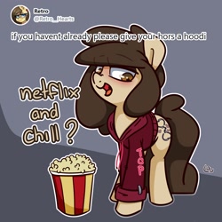 Size: 1500x1500 | Tagged: safe, artist:lou, imported from derpibooru, oc, oc only, oc:louvely, earth pony, pony, clothes, dialogue, female, food, hoodie, looking at you, netflix and chill, popcorn, smiling, solo, solo female