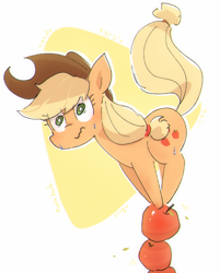 Size: 1286x1600 | Tagged: safe, artist:fuyugi, artist:nendo, imported from derpibooru, applejack, earth pony, pony, abstract background, apple, applejack's hat, balancing, chromatic aberration, cowboy hat, female, food, hat, nervous, raised tail, shrunken pupils, silly, silly pony, solo, sweat, tail, wavy mouth, wide eyes