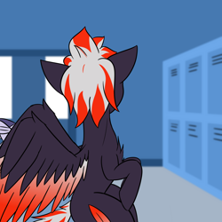Size: 1280x1280 | Tagged: safe, artist:askavrobishop, imported from derpibooru, oc, oc:bishop, pegasus, comic:askavrobishop, airfield, clothes, feathered wings, female, flight suit, goggles, locker room, lockers, mare, solo, wings