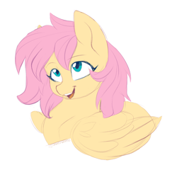 Size: 2500x2500 | Tagged: source needed, safe, artist:chickenbrony, artist:cottonaime, artist:mirtash, imported from derpibooru, fluttershy, pegasus, pony, alternate hairstyle, cute, looking up, open mouth, shyabetes, simple background, smiling, solo, white background