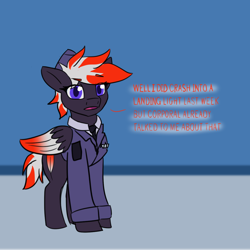 Size: 1280x1280 | Tagged: safe, artist:askavrobishop, imported from derpibooru, oc, oc:bishop, pegasus, comic:askavrobishop, airfield, clothes, feathered wings, female, flight suit, goggles, locker room, lockers, mare, solo, uniform, wings