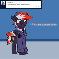 Size: 1280x1280 | Tagged: safe, artist:askavrobishop, imported from derpibooru, oc, oc:bishop, pegasus, comic:askavrobishop, airfield, clothes, feathered wings, female, flight suit, goggles, locker room, lockers, mare, solo, uniform, wings