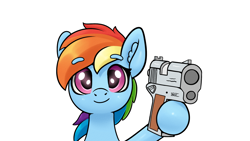 Size: 1920x1080 | Tagged: safe, artist:yelowcrom, imported from derpibooru, rainbow dash, pegasus, pony, beanbrows, bust, cute, delet this, eyebrows, eyebrows visible through hair, female, floating eyebrows, front view, full face view, grimcute, gun, hoof hold, looking at you, m1911, mare, simple background, smiling, solo, wallpaper, weapon, white background