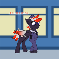 Size: 1280x1280 | Tagged: safe, artist:askavrobishop, imported from derpibooru, oc, oc:bishop, pegasus, comic:askavrobishop, airfield, clothes, feathered wings, female, flight suit, goggles, locker room, lockers, mare, solo, uniform, window, wings