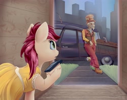 Size: 4200x3300 | Tagged: safe, artist:viwrastupr, imported from derpibooru, discord, roseluck, earth pony, human, pony, fanfic:fine print, car, cellphone, clock, clothes, dress, facial hair, fanfic art, grass, hat, humanized, moustache, phone, ponies with technology, smartphone, top hat, yo-yo