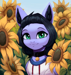 Size: 2000x2118 | Tagged: safe, artist:mrscroup, imported from derpibooru, oc, oc only, oc:skiu, earth pony, pegasus, pony, art trade, bell, collar, female, flower, green eyes, solo, sunflower