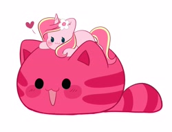 Size: 4096x3123 | Tagged: safe, artist:kittyrosie, imported from derpibooru, oc, oc only, oc:rosa flame, cat, pony, unicorn, blushing, chibi, crossover, cute, flower, flower in hair, heart, ocbetes, slime, slime rancher, smiling, solo
