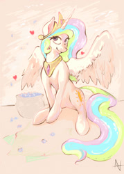 Size: 1537x2145 | Tagged: safe, artist:alexandrvirus, imported from derpibooru, princess celestia, alicorn, pony, cute, cutelestia, female, flower, head turned, heart, heart eyes, looking at you, mare, sitting, smiling, solo, spread wings, turned head, wingding eyes, wings