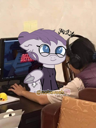 Size: 720x956 | Tagged: safe, artist:djmatinext, edit, editor:notxweeb, imported from derpibooru, oc, oc only, oc:vylet, human, pegasus, pony, base used, clothes, cutie mark, drawn on phone, ear fluff, glasses, headphones, hoodie, meme, phone drawing, puzzle, sitting, solo, vylet pony, watermark, wings