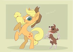 Size: 2575x1858 | Tagged: safe, artist:noupu, imported from derpibooru, applejack, winona, dog, earth pony, pony, colored pupils, cowboy hat, cute, duo, female, freckles, hat, jackabetes, mare, open mouth, profile, rearing, yeehaw