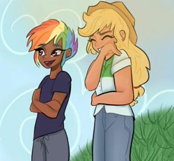 Size: 2048x2048 | Tagged: artist needed, source needed, safe, artist:rapunzelights, imported from derpibooru, applejack, rainbow dash, human, appledash, clothes, crossed arms, dark skin, eyelashes, eyes closed, female, hat, humanized, lesbian, outdoors, pants, scene interpretation, shipping, smiling