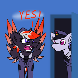 Size: 1280x1280 | Tagged: safe, artist:askavrobishop, imported from derpibooru, oc, oc:bishop, pegasus, pony, comic:askavrobishop, clothes, feathered wings, female, hallway, male, mare, open mouth, spread wings, stallion, uniform, wings, yelling, yes